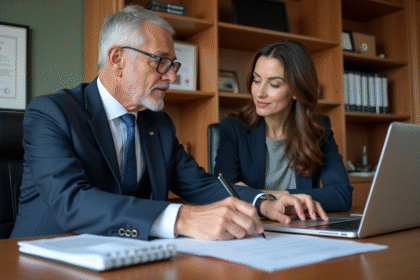 Notaire mature en costume bleu examine documents immobiliers