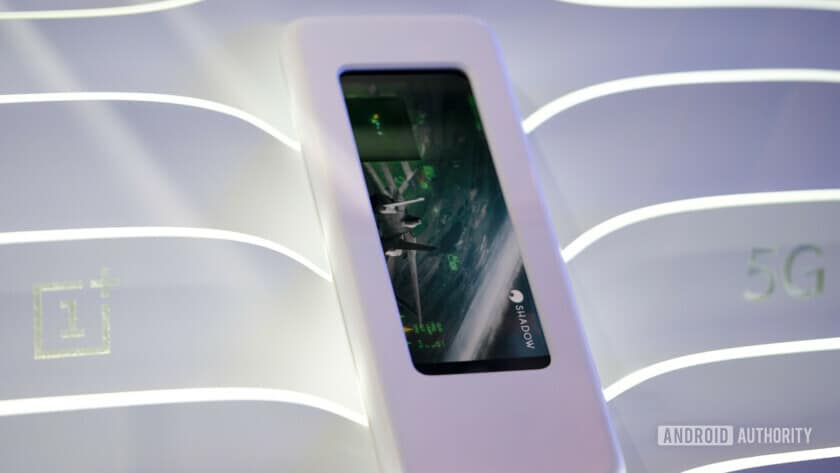 An image of the OnePLus 5G smartphone prototype in a concealing case at Mobile World Congress 2019.