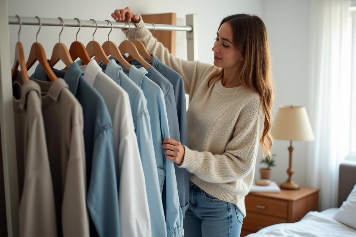 Femme organisant un vestiaire capsule dans une chambre lumineuse