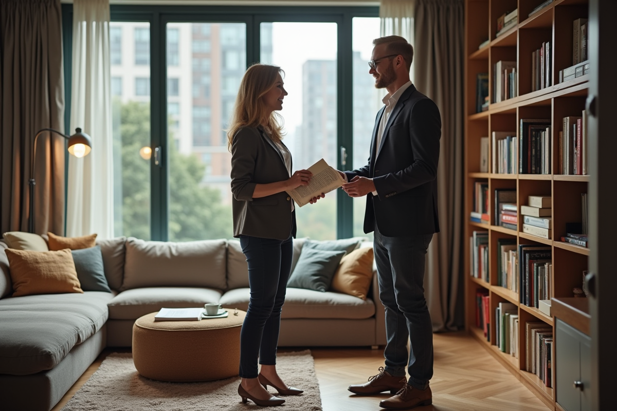 Une femme et un jeune homme organisant des livres dans un salon partagé