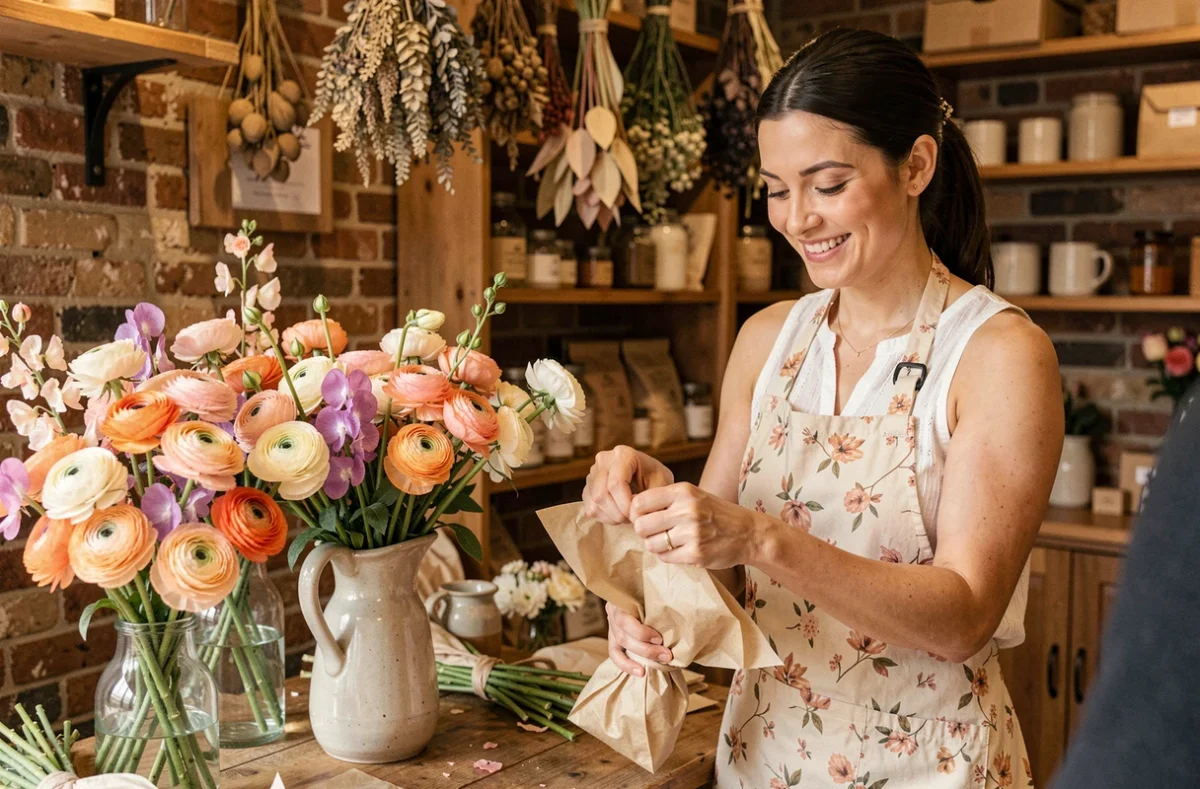 Fleuriste d'Oya Fleurs enveloppant un bouquet de renoncules et pois de senteur dans du papier de soie dans une boutique parisienne à la décoration rustique