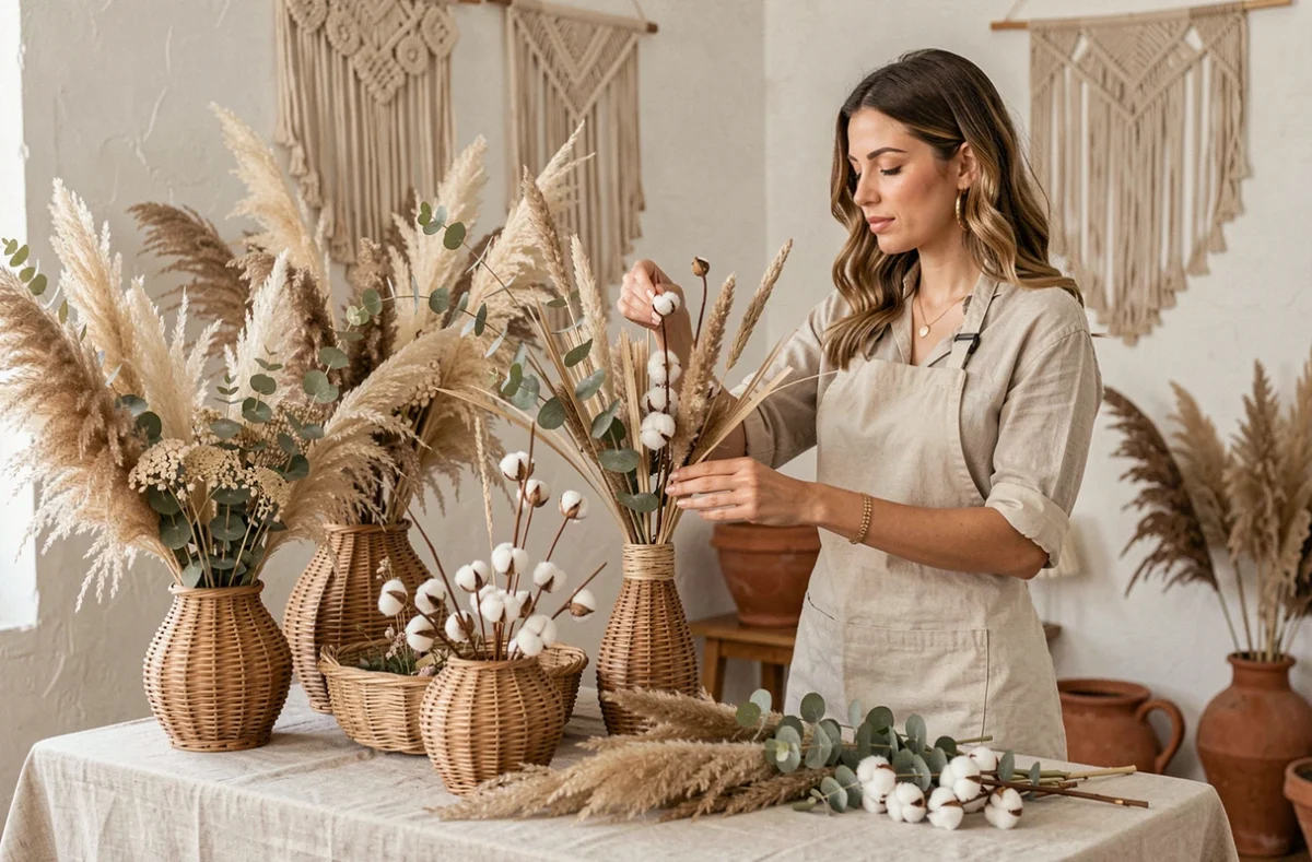 Atelier floral Pampa avec des arrangements de graminées pampas séchées, lunaria et eucalyptus dans des paniers en rotin sur une nappe en lin naturel