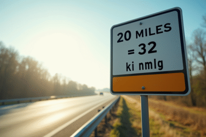 Panneau de route moderne indiquant 20 miles en kilomètres