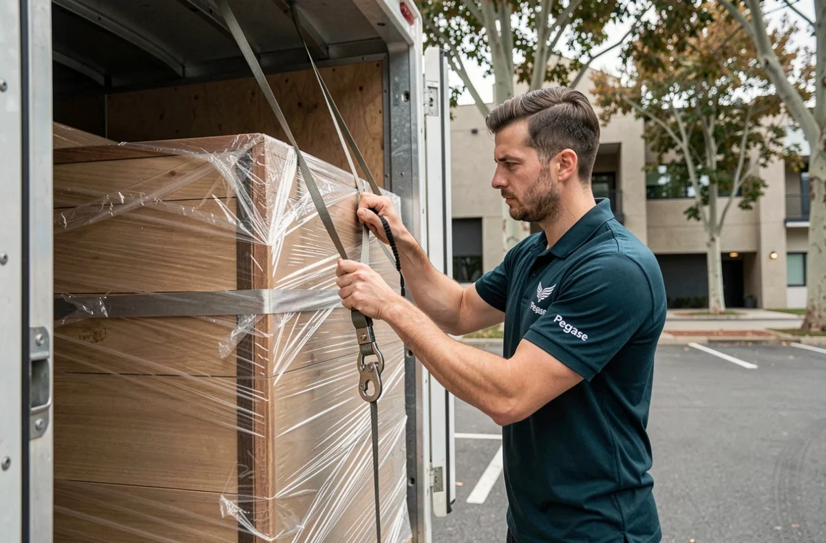Déménageur de Pegase Demenagement fixant un meuble emballé dans du film étirable à l'intérieur d'un camion de déménagement avec des sangles à cliquet
