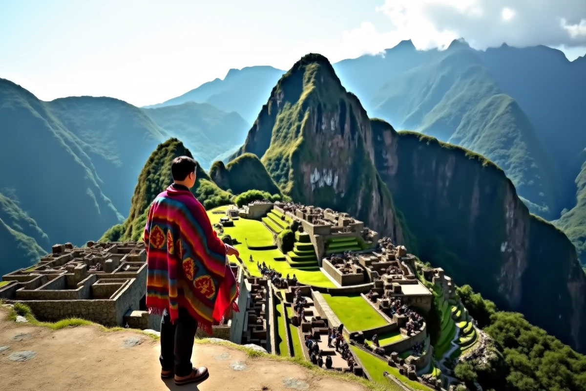 La citadelle inca du Machu Picchu perchée entre les montagnes vertes dans le brouillard matinal illustrant le Pérou