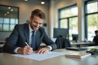 Personne élégante remplissant des formulaires en banque lumineuse
