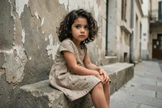 Petite fille aux cheveux bouclés assise seule sur des marches en pierre usées, regard pensif, atmosphère mélancolique urbaine