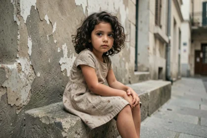 Petite fille aux cheveux bouclés assise seule sur des marches en pierre usées, regard pensif, atmosphère mélancolique urbaine