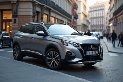 Peugeot 3008 hybride moderne en ville avec reflets