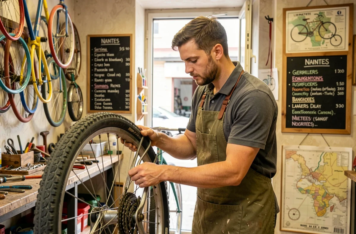 Mécanicien de Pignon Sur Roue retirant un pneu de vélo dans un atelier collaboratif nantais