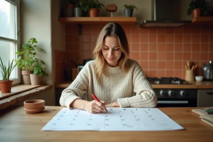 Femme planifiant ses jours de repos en marquant les jours fériés 2026 sur un calendrier papier dans une cuisine chaleureuse