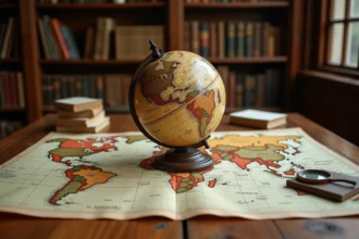 Globe terrestre posé sur une table avec des cartes du monde dépliées montrant les plus grands pays par superficie