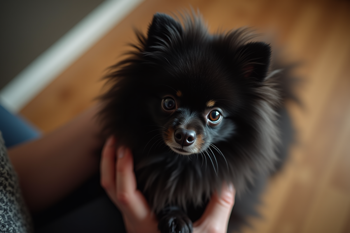 Chien Pomeranian noir tenu par une personne dans une maison