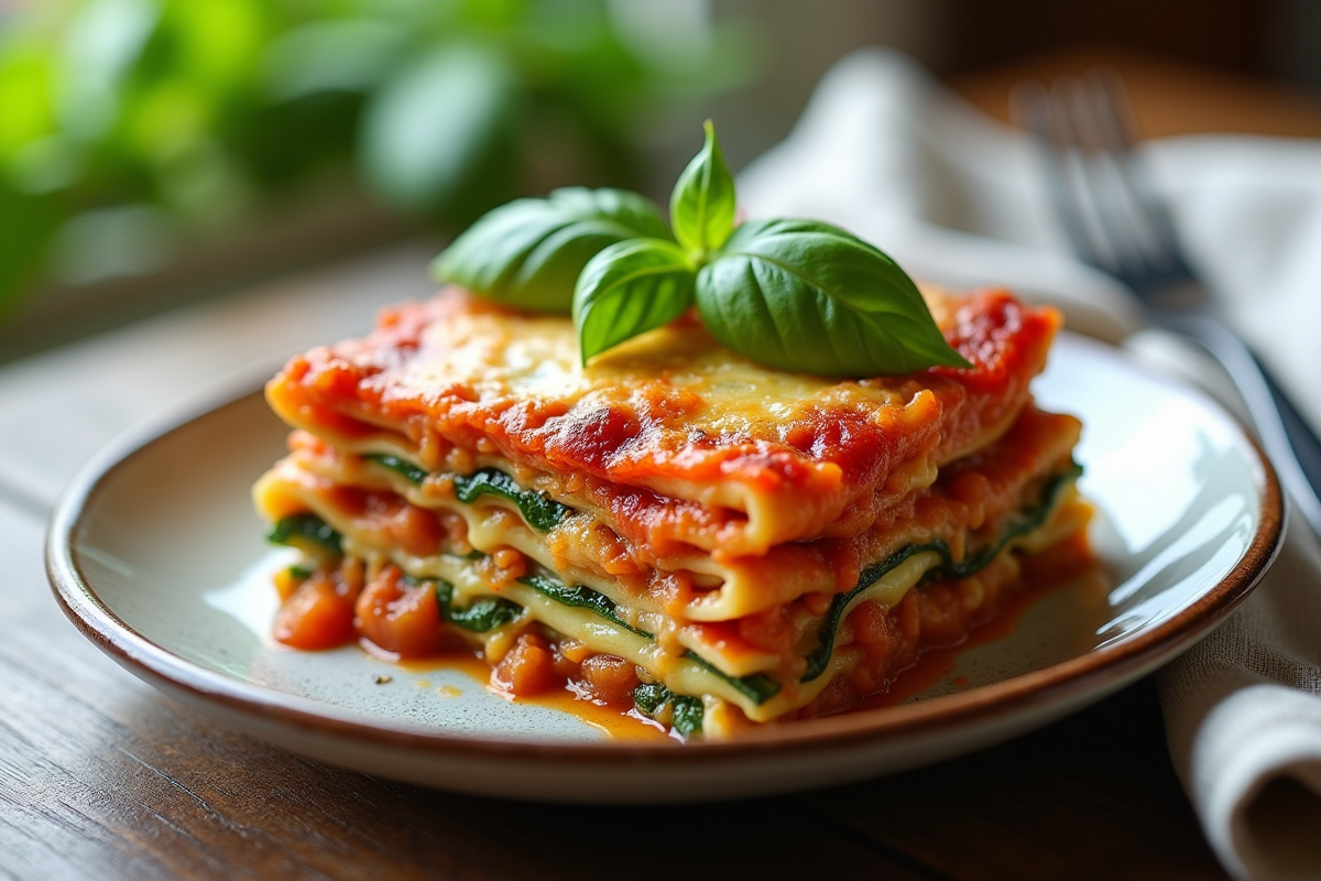 Part de lasagne aux courgettes garnie de basilic frais sur une assiette rustique