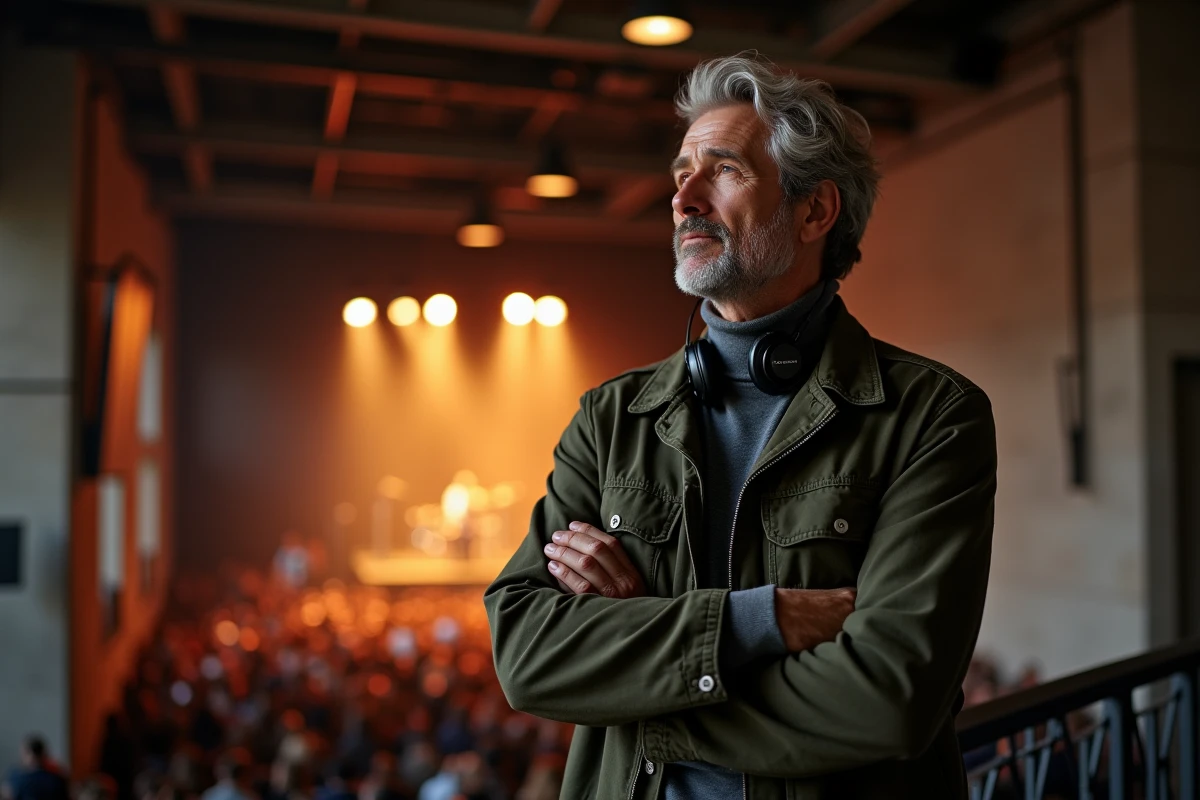 Producteur Vladimir Boudnikoff observant les coulisses d'un concert avec des moniteurs intra-auriculaires, attitude discrète et professionnelle
