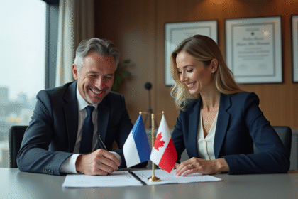Homme et femme d affaires souriants avec drapeaux français et canadien