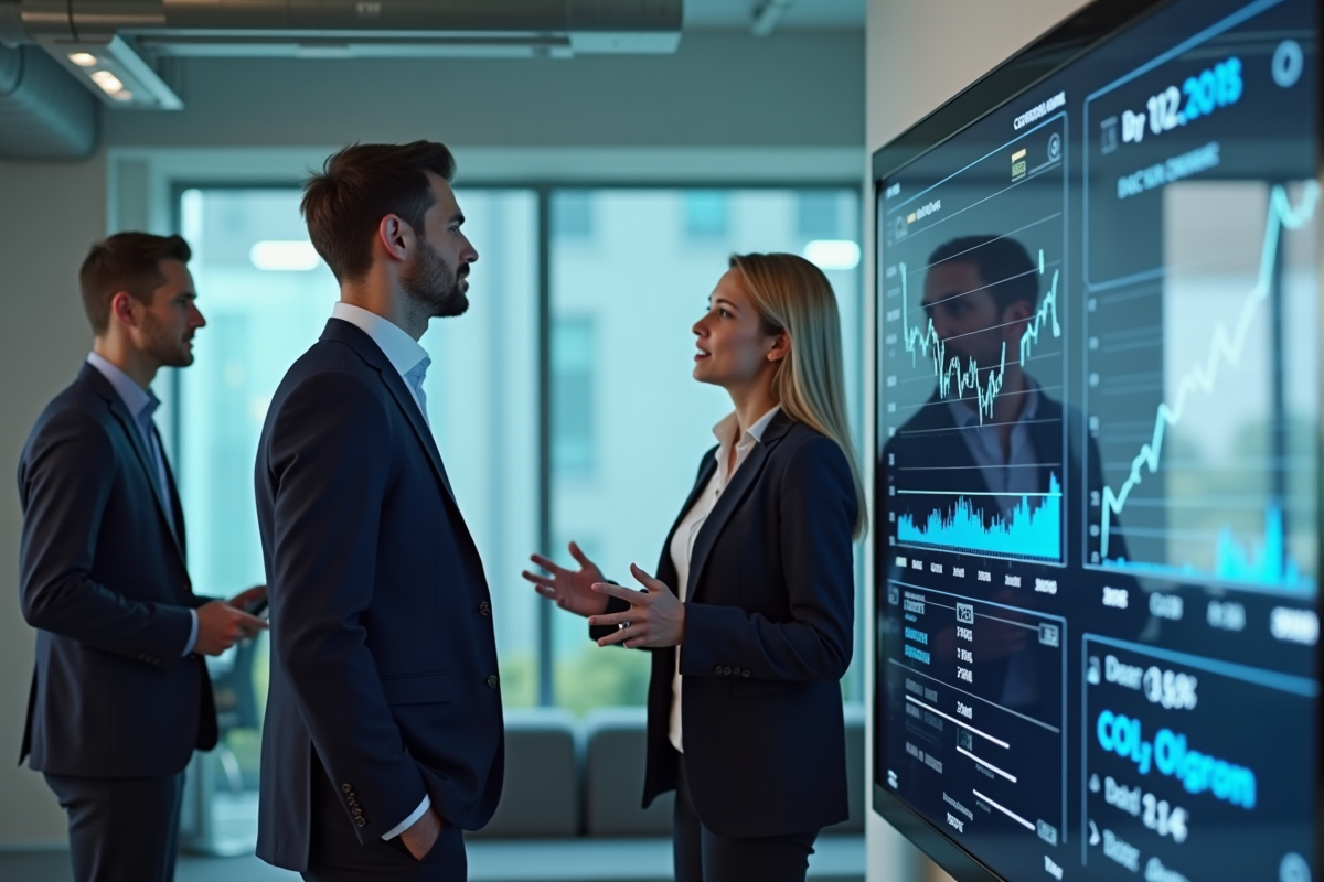 Jeunes professionnels discutant devant un écran de la BCE