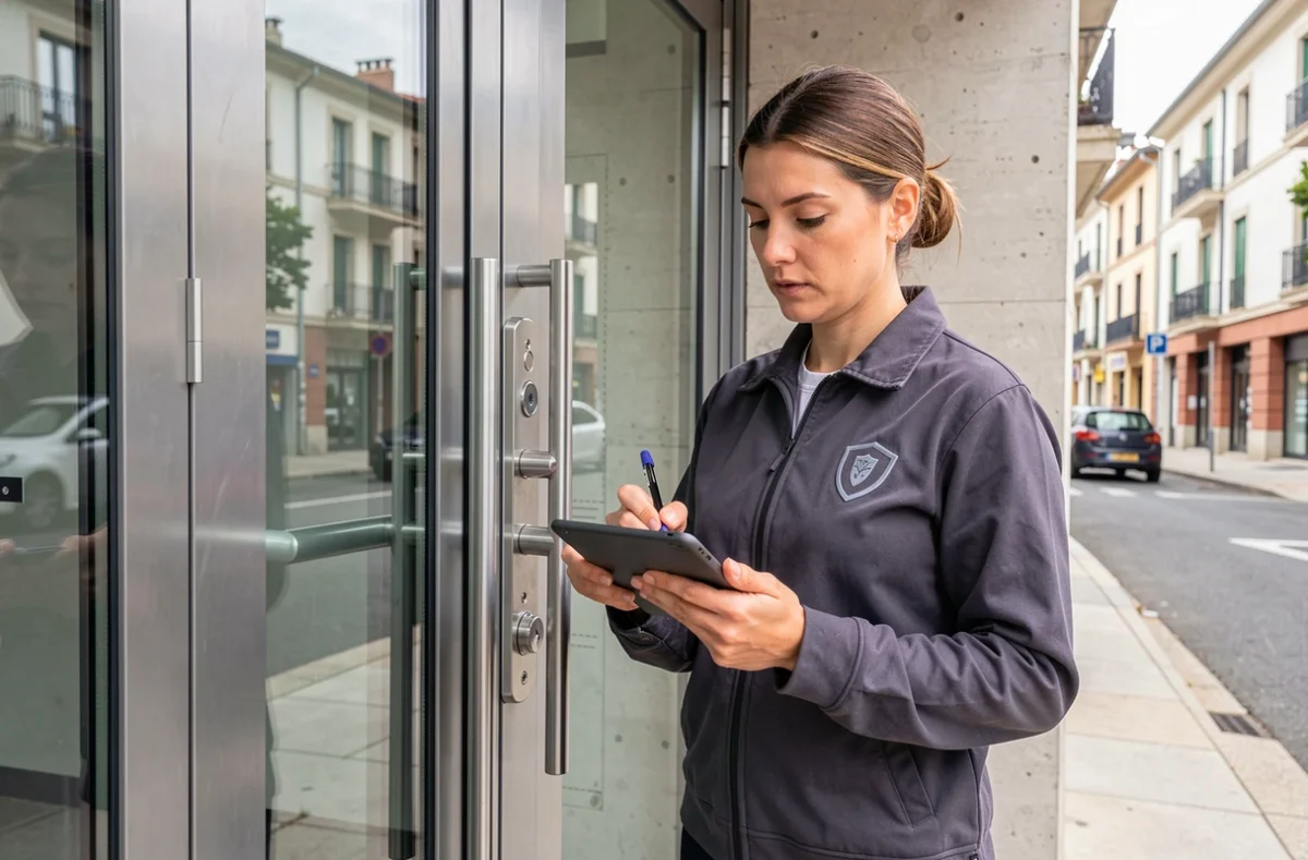 Spécialiste Protec'Sur effectuant un audit de sécurité sur un système de serrure multipoint à l'entrée d'un bâtiment commercial à Toulouse