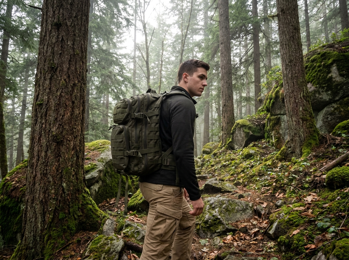 Randonneur avec sac à dos militaire tactique sur un sentier forestier rocheux en pleine nature