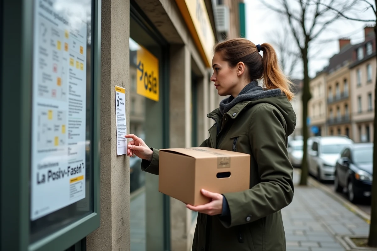 Femme consultant une liste de points de dépôt Colissimo affichée devant un bureau de poste en ville