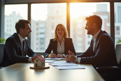 Deux professionnels en réunion avec un agent immobilier dans un bureau lumineux