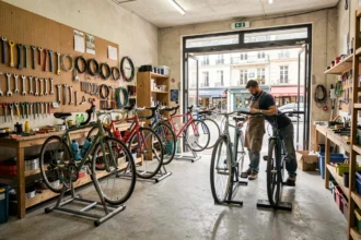 Vue d'ensemble d'un atelier de réparation de vélos en Loire-Atlantique avec mécanicien au travail