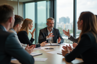 Groupe de collègues en discussion sérieuse en réunion