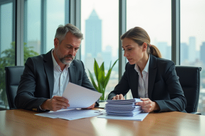 Homme et femme d affaires examinant des documents immobiliers