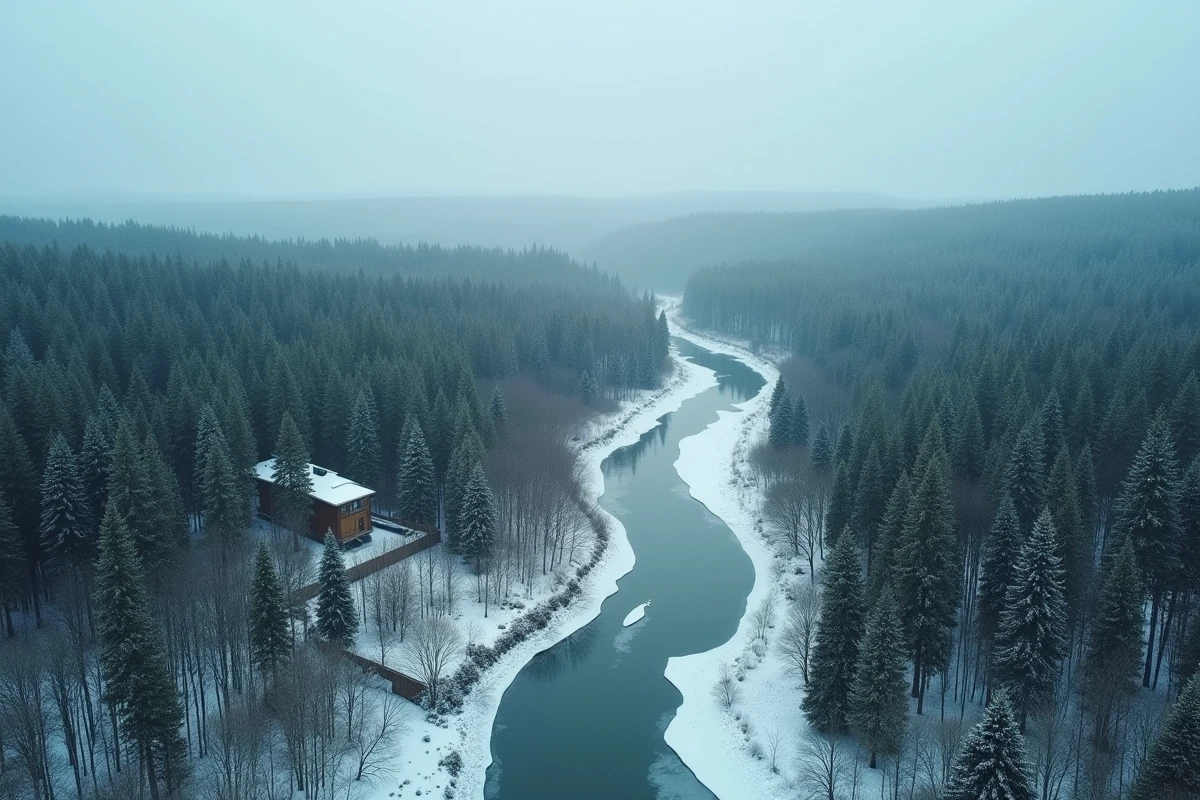 Immense forêt de taïga sibérienne avec une rivière gelée illustrant la superficie gigantesque de la Russie