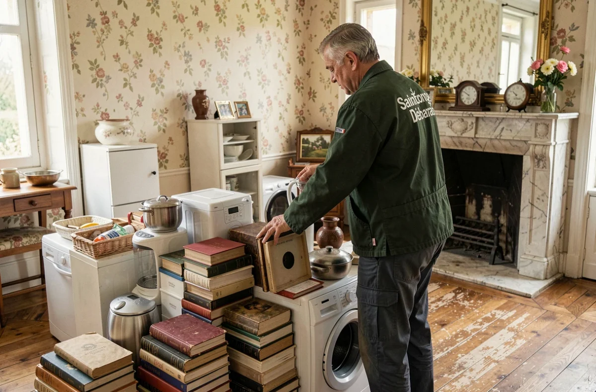 Agent de Saintonge Débarras triant et empilant des objets ménagers dans le salon d'une maison ancienne avec papier peint floral, plancher en bois et cheminée en marbre