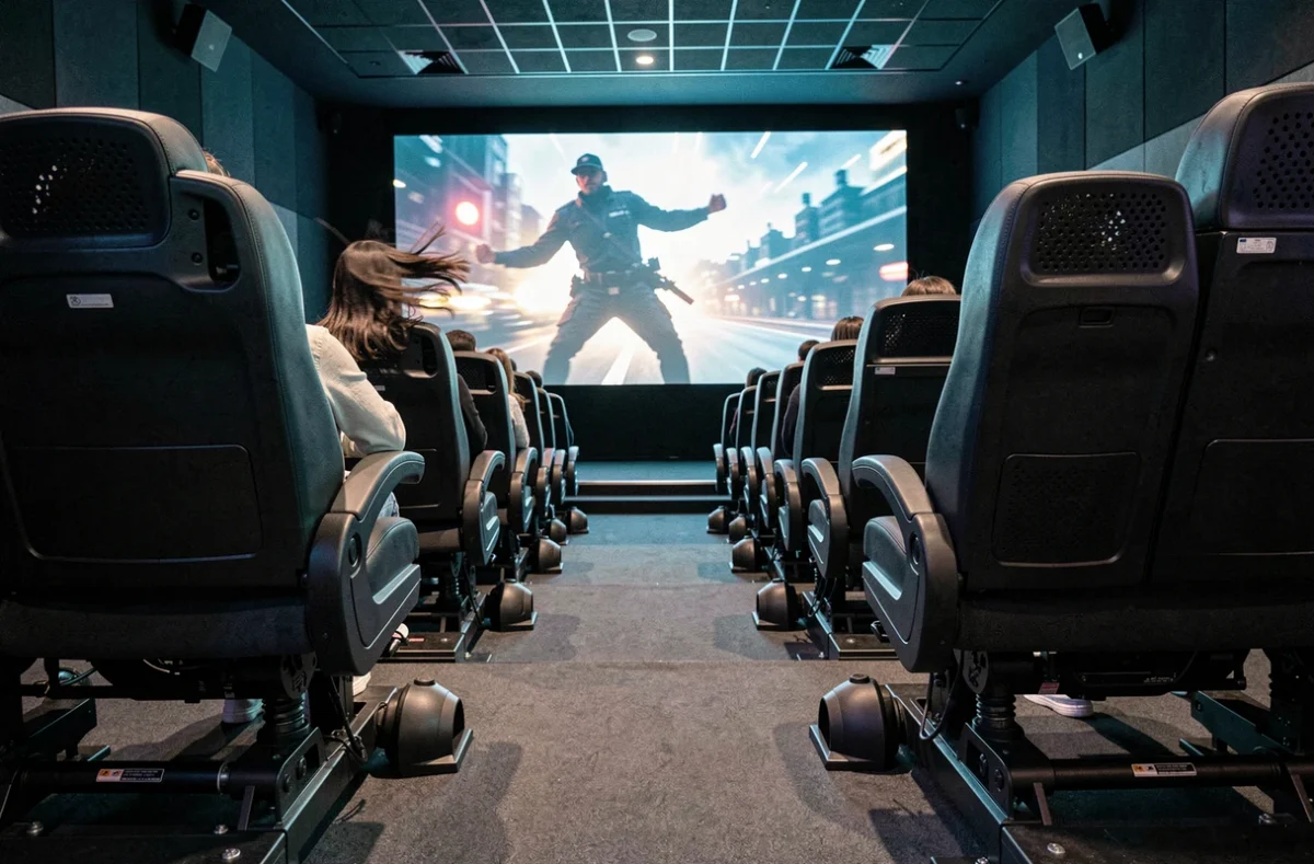 Vue d'ensemble d'une salle de cinéma 4DX avec sièges motorisés et effets spéciaux visibles depuis le fond de la salle