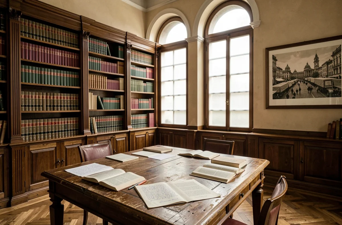 Salle de lecture parlementaire italienne avec des ouvrages juridiques et la Constitution italienne encadrée, illustrant le cadre légal de l'interdiction des mouvements néofascistes