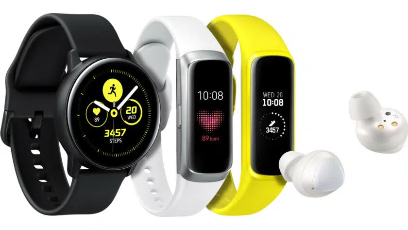 Photo of the Samsung Galaxy Watch Active, Samsung Galaxy Fit, Samsung Galaxy Fit e, and Samsung Galaxy Buds.