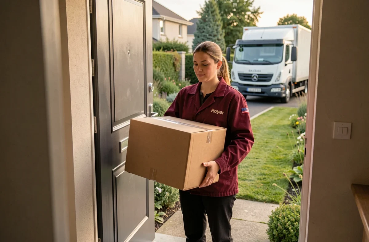 Déménageuse de la société SAS Royer portant un carton scellé à travers la porte d'entrée d'une maison pavillonnaire avec un camion visible dans l'allée