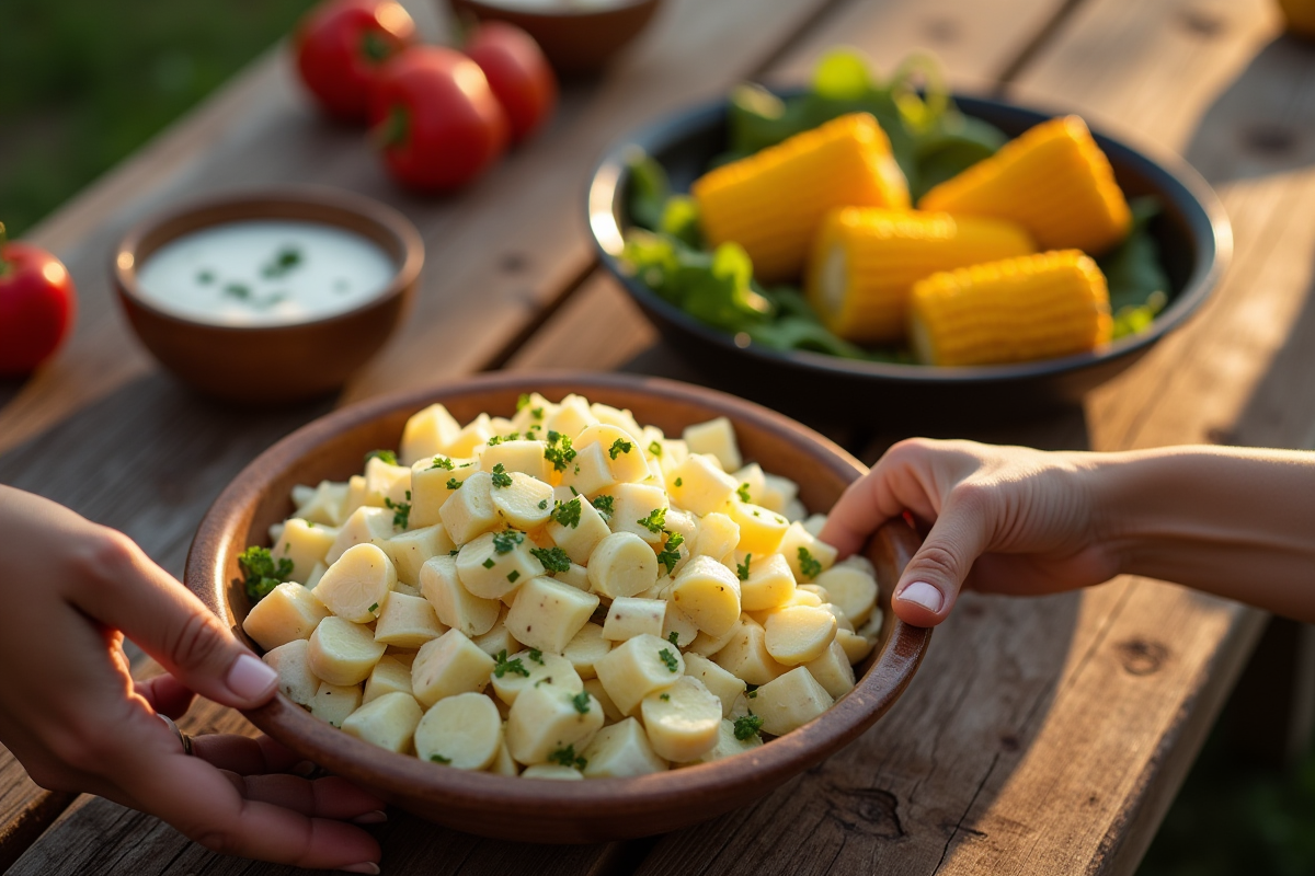Mains servant salade de pommes de terre et maïs grillé