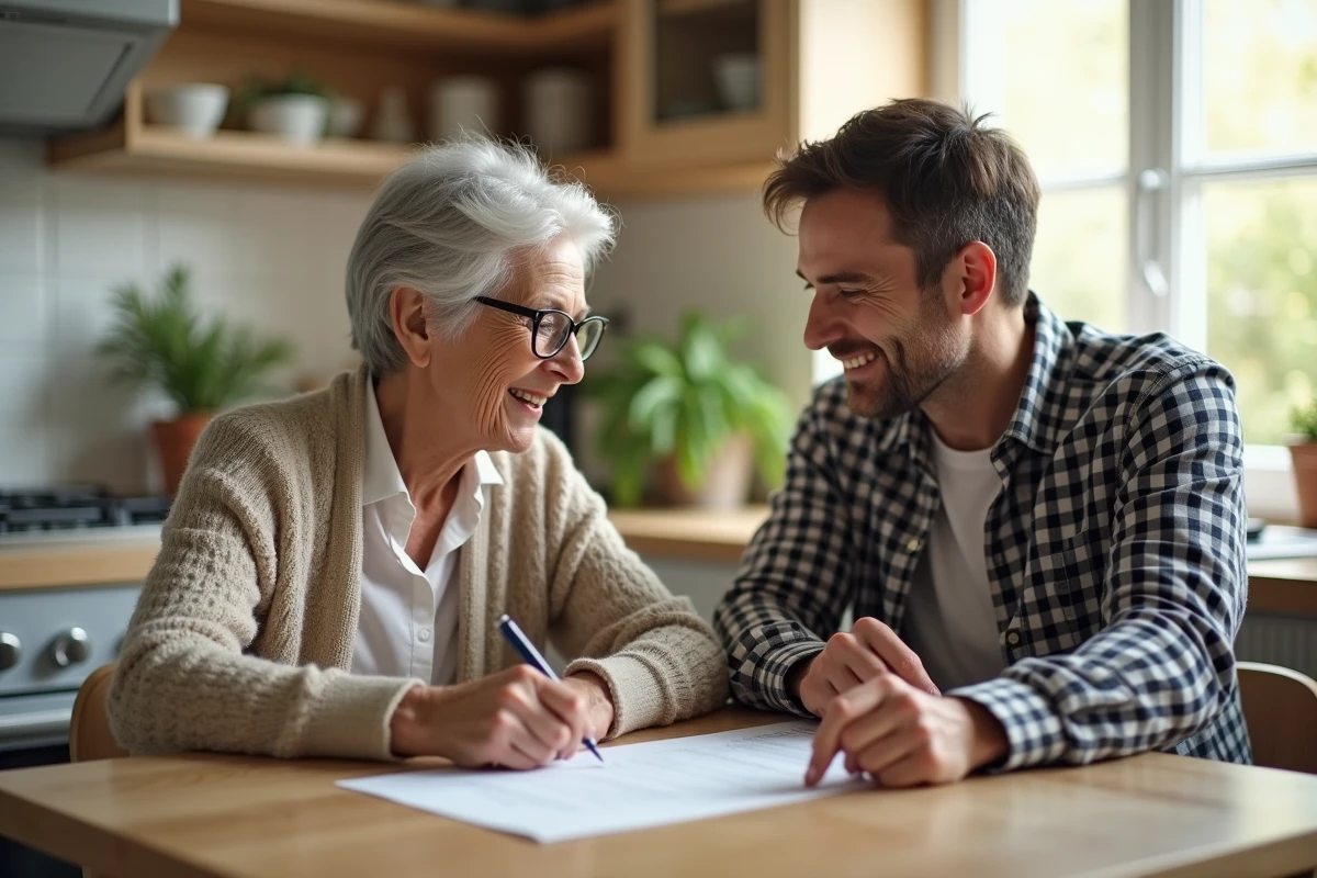 Femme âgée signant un contrat avec un homme dans une cuisine lumineuse