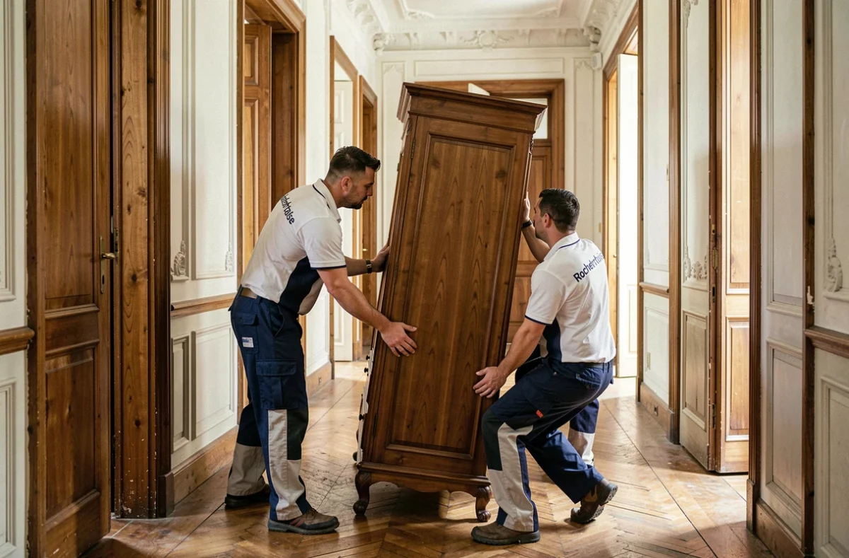 Deux déménageurs de la Société Rochefortaise de Déménagements manœuvrant une grande armoire ancienne dans le couloir étroit d'un appartement classique à Rochefort