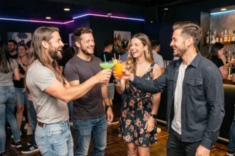 Groupe d'amis portant un toast joyeux dans la salle du Kripton Club à Yssingeaux lors d'une soirée animée