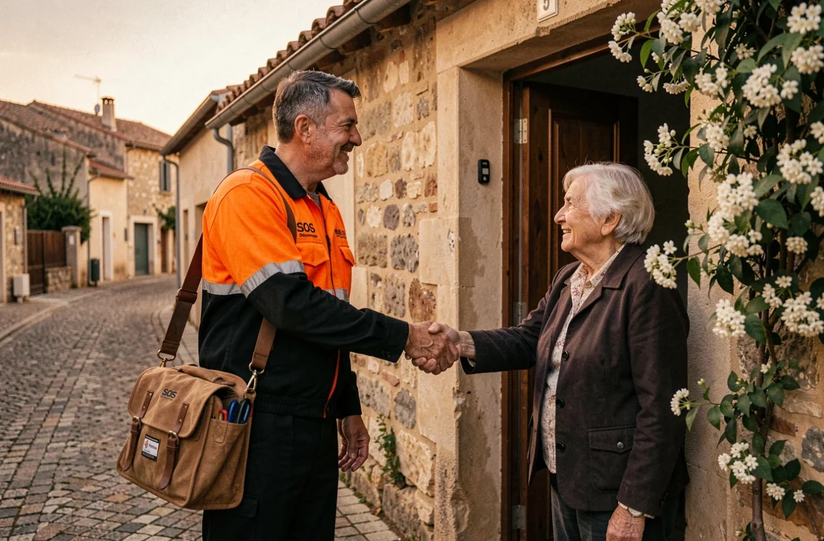 Technicien SOS Occitanie Dépannage arrivant en urgence et saluant une résidente âgée devant sa porte dans un quartier occitan