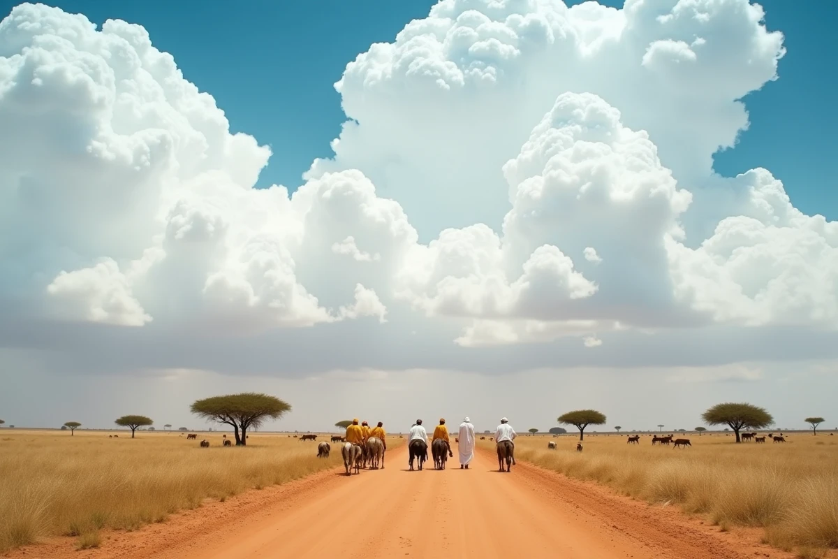 Savane sahélienne au Soudan avec des acacia et des éleveurs nomades illustrant ce pays du classement des superficies