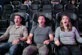 Groupe de spectateurs réagissant aux effets physiques d'une séance 4DX dans une salle de cinéma équipée de sièges motorisés