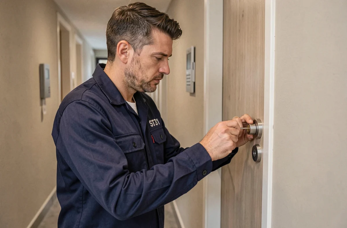 Technicien ST31 Serrurier Toulouse installant une serrure haute sécurité sur une porte d'appartement moderne