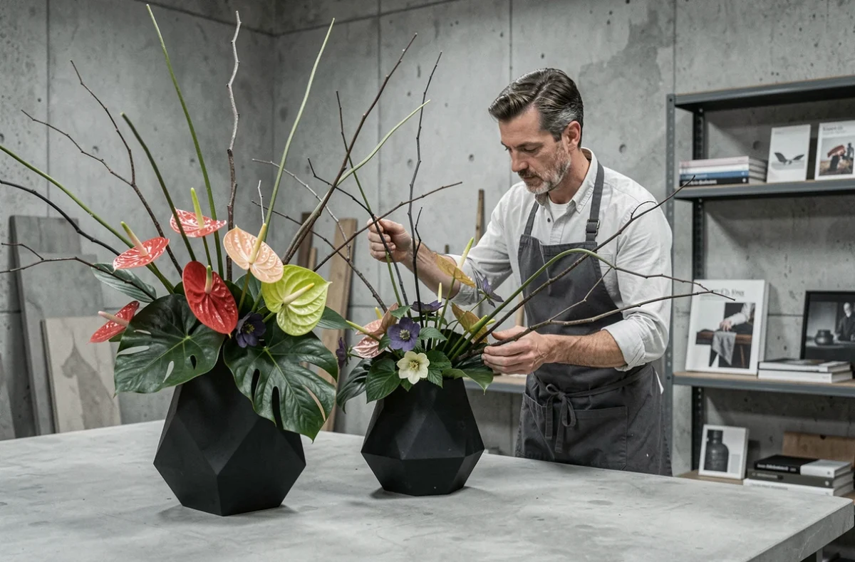 Atelier floral de Stéphane Chapelle avec des compositions sculpturales d'anthuriums et feuilles tropicales dans des vases noirs géométriques sur un plan de travail en béton brut