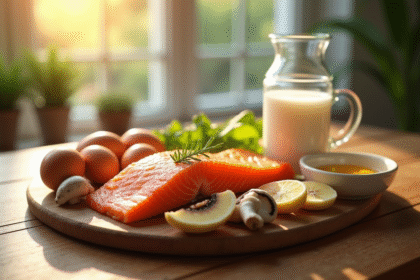 Table en bois avec aliments riches en vitamine D