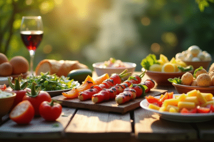 Table de barbecue d'été avec légumes grillés et salades