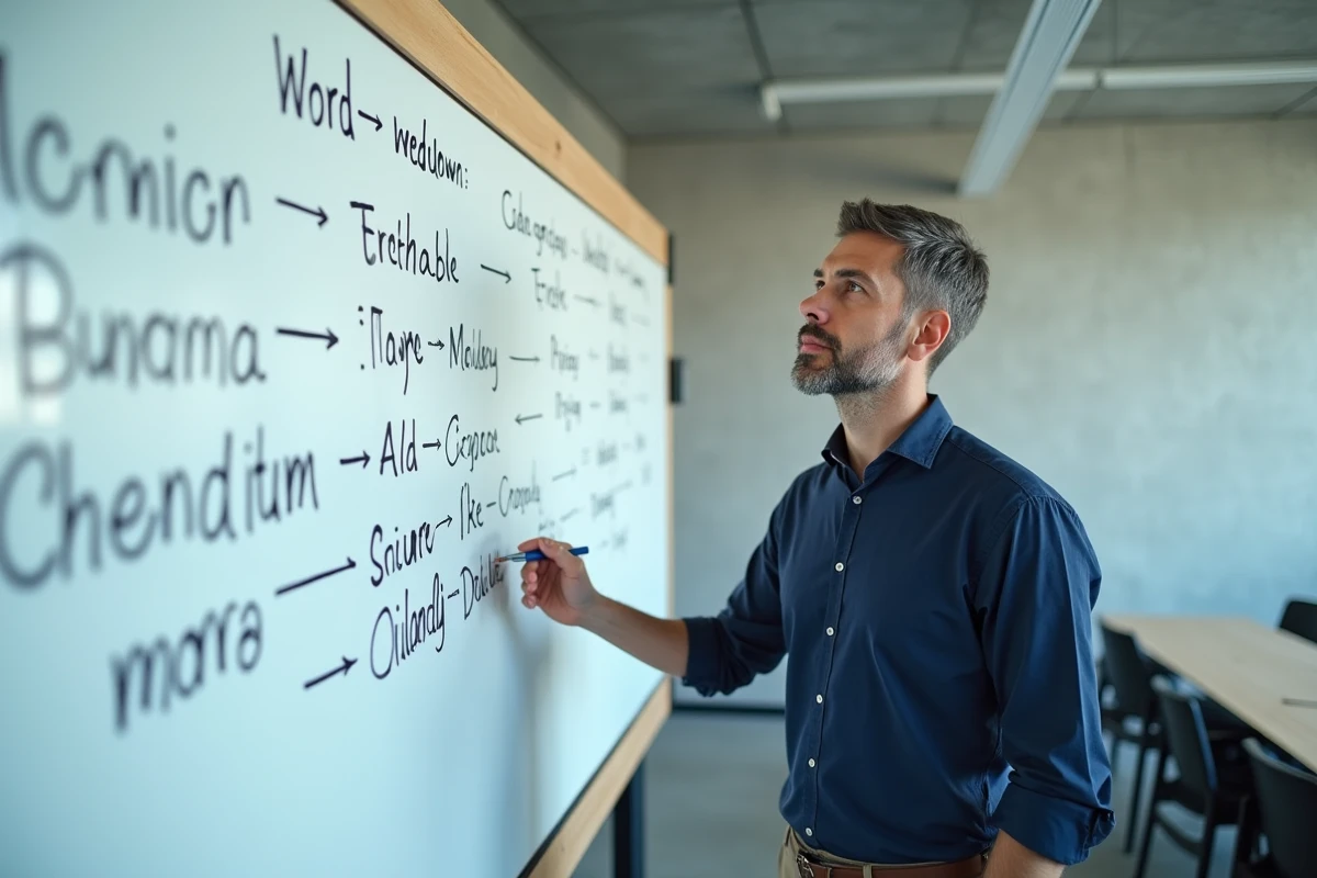 Homme debout devant un tableau blanc avec des schémas d'analyse étymologique et de décomposition de mots