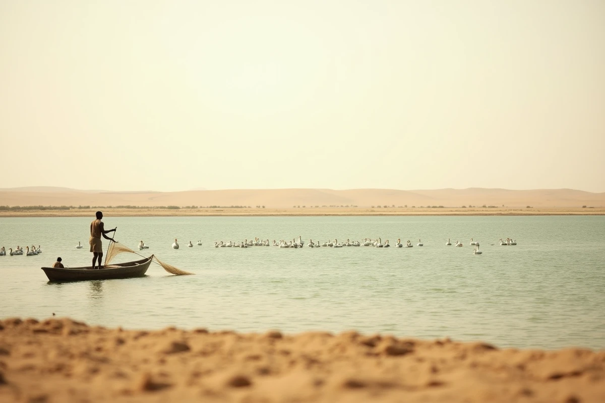 Les rives du lac Tchad avec des pêcheurs et des roselières illustrant le Tchad dans le classement des plus grands pays