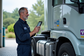 Technicien en combinaison examine un camion hydrogene moderne