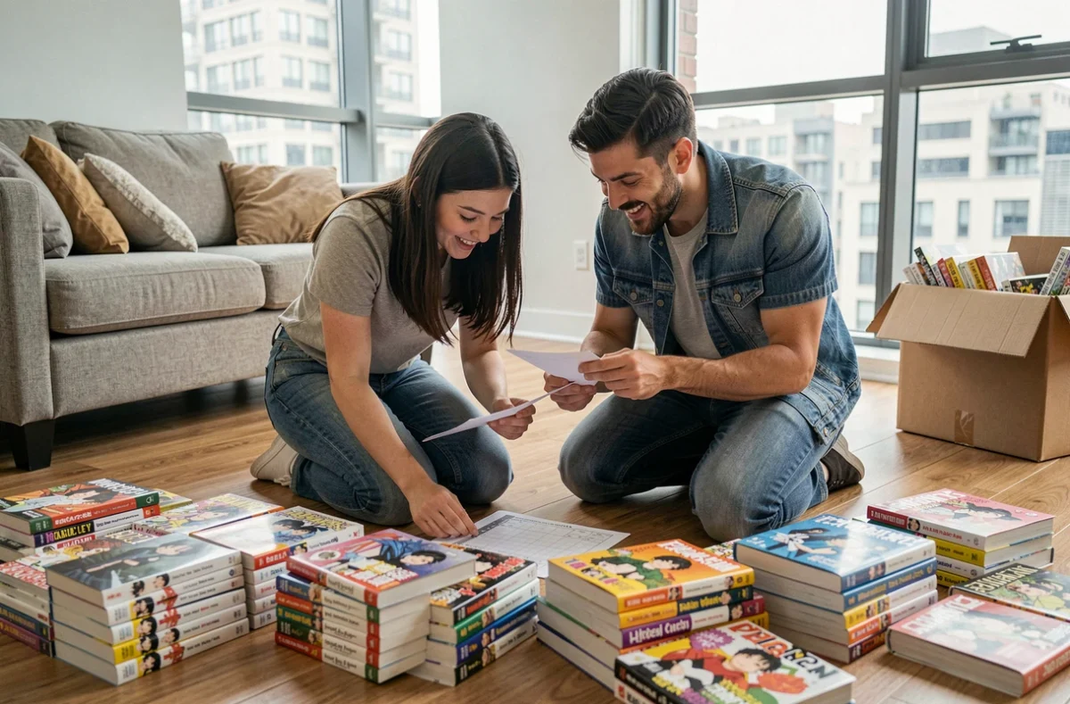Deux amis triant et classant une grande collection de mangas par terre dans un salon moderne