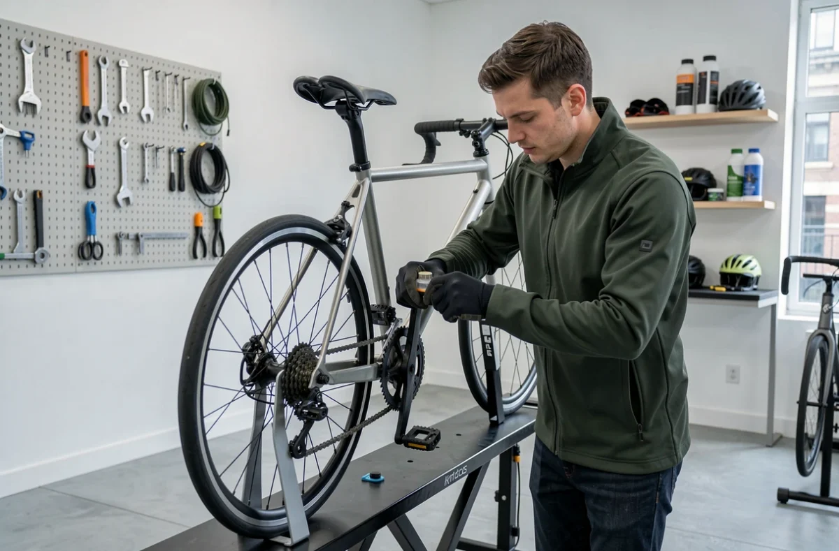 Spécialiste d'Urban Cycle Nantes préparant et entretenant un vélo fixie urbain dans un atelier contemporain nantais